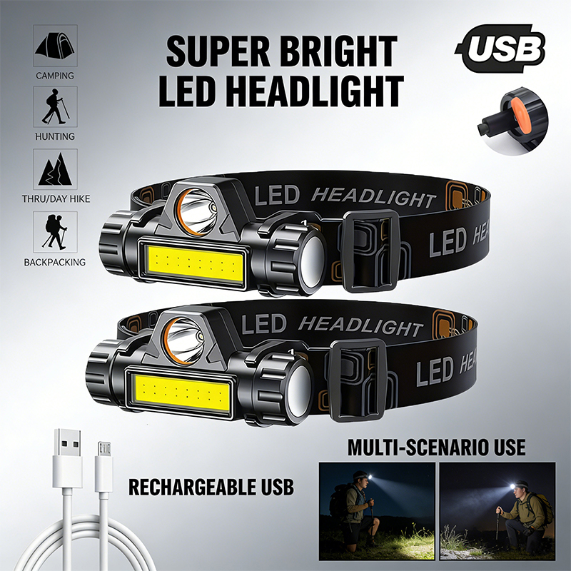 Headlamp Waterproof Rechargeable - Torcia frontale a LED super luminosa,